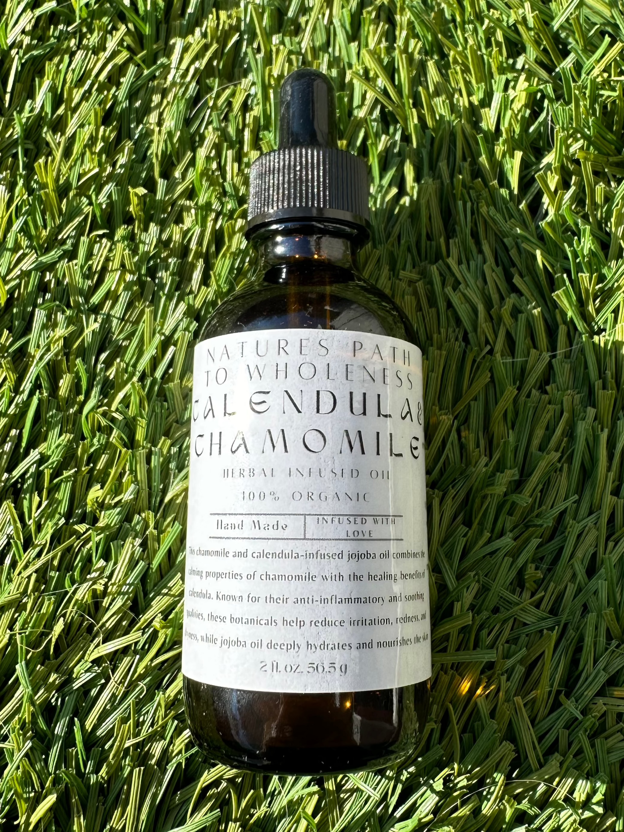 Calendula and chamomile herbal infused oil 2 oz amber bottle